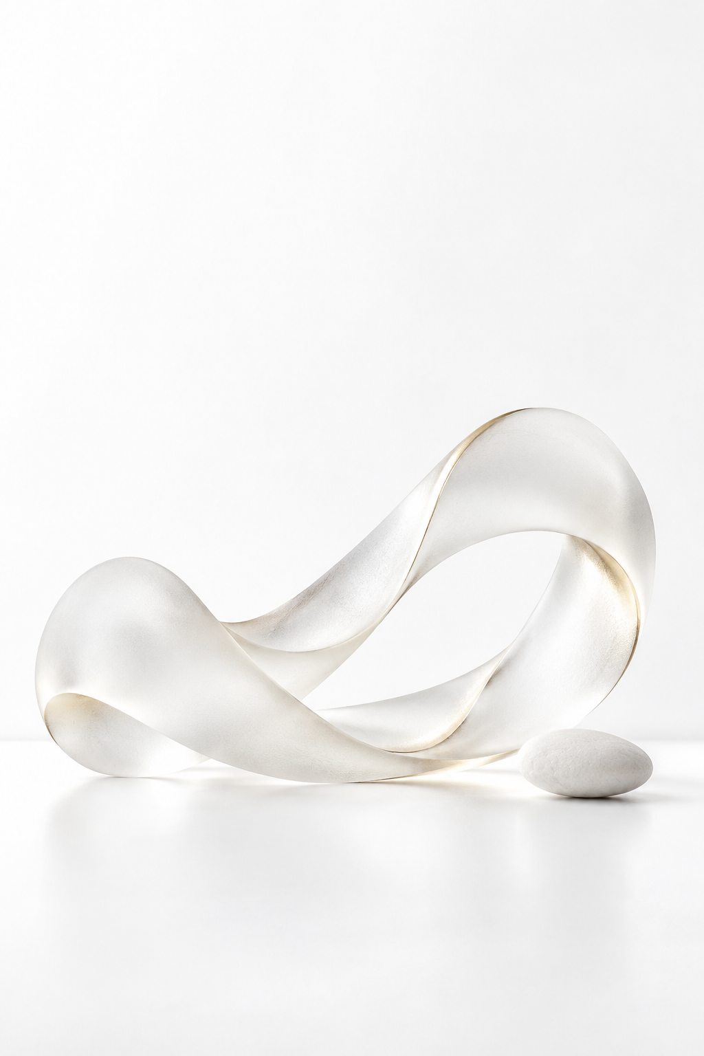 Illustrative glass sculpture with soft curves and champagne-gold accents